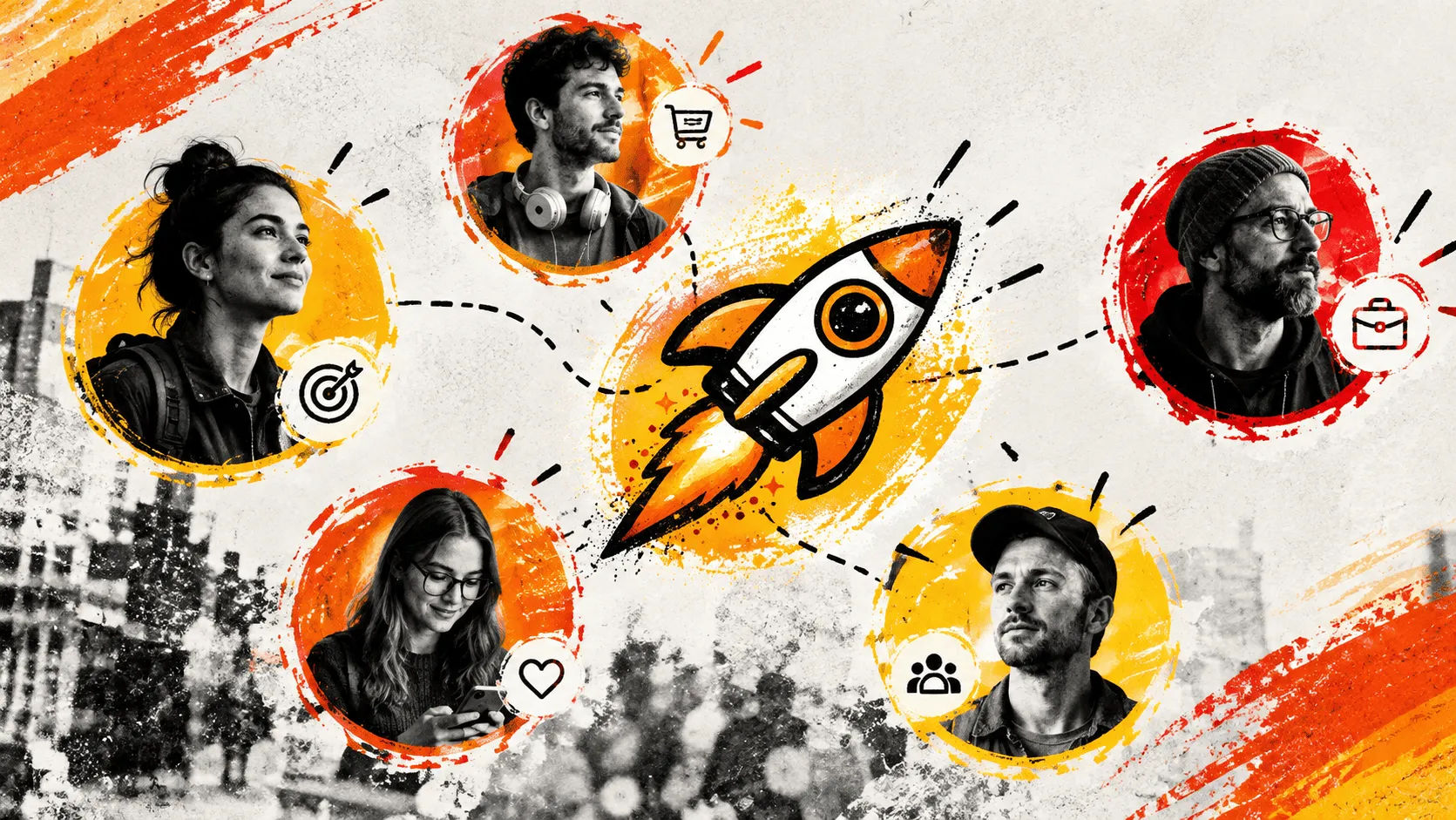 Collage mit fünf Personenporträts, Symbolen für Interessen und Käuferrollen sowie einer Rakete in der Mitte.