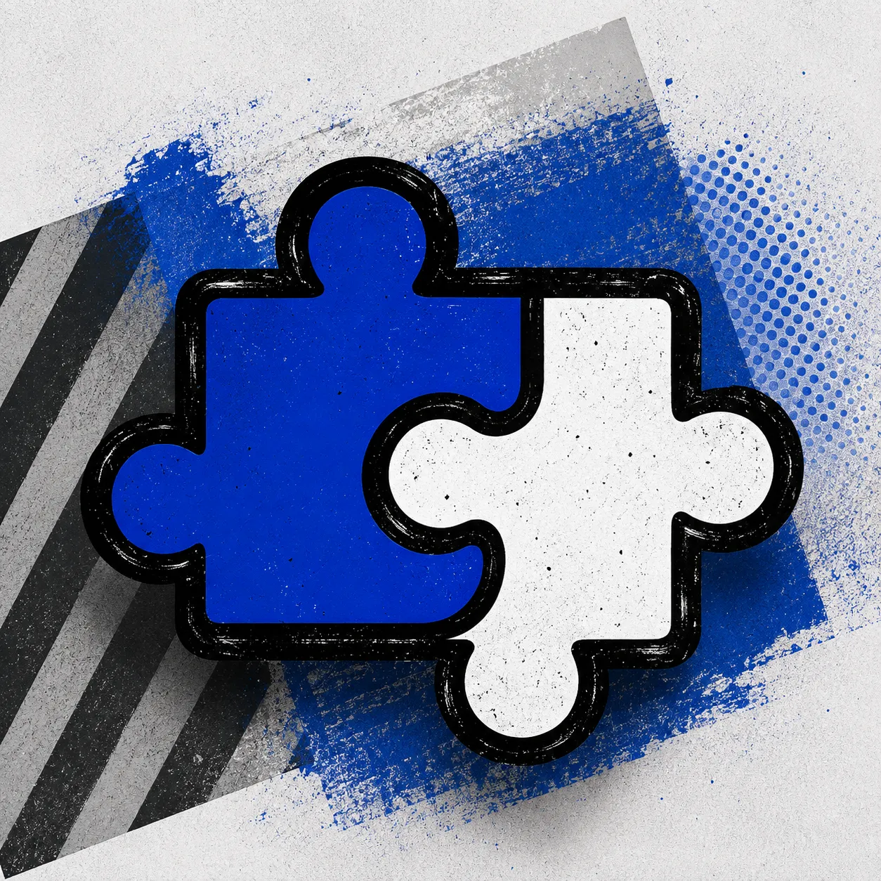 Riso illustration: two interlocking puzzle pieces in blue and white