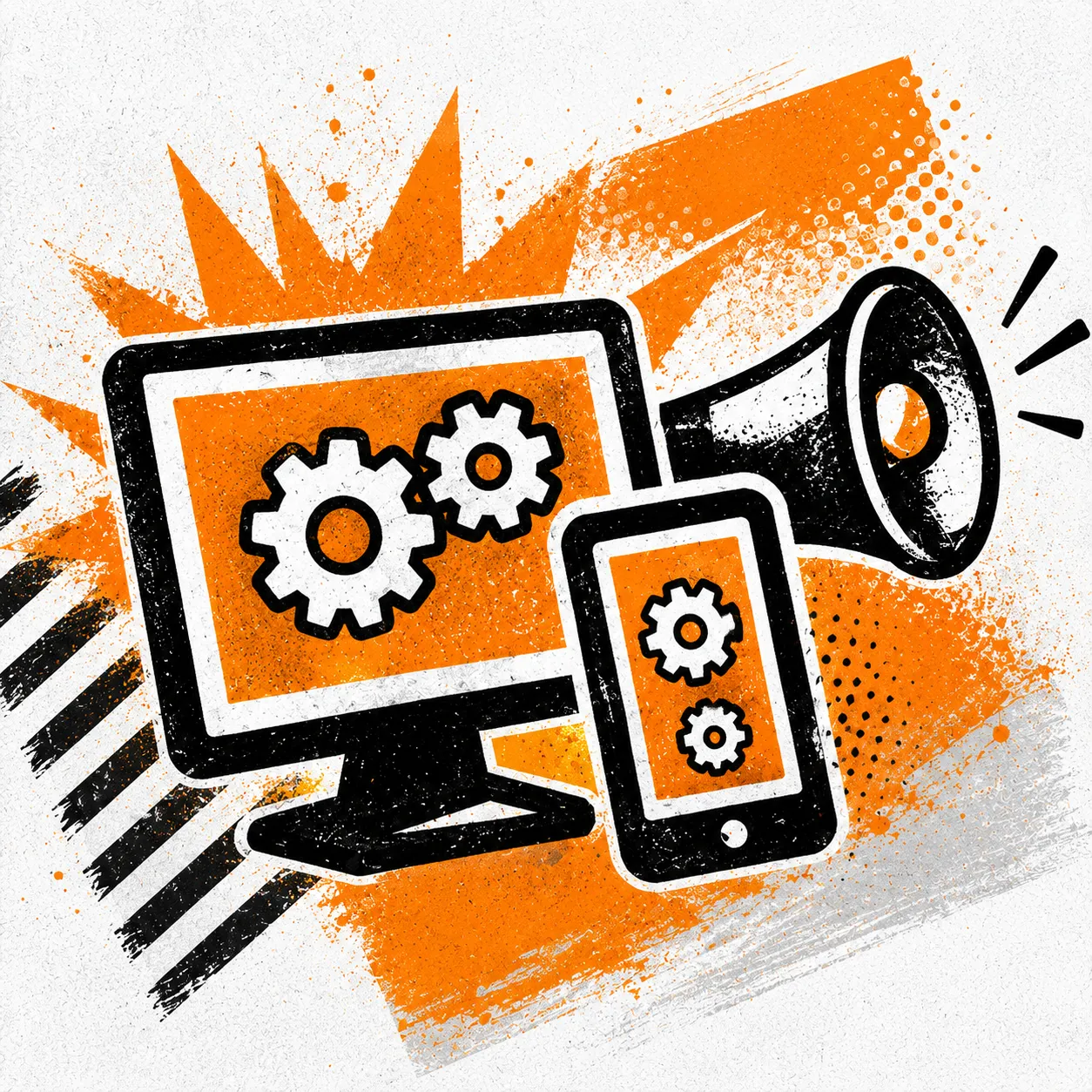 Riso illustration: a monitor and smartphone with cogs next to a megaphone