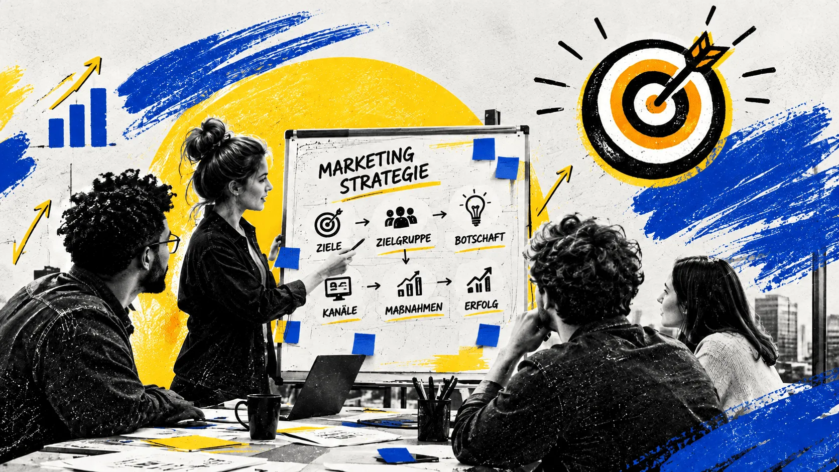 Collage mit einem Team vor einer Tafel zur Marketingstrategie, einem Balkendiagramm und einer Zielscheibe.